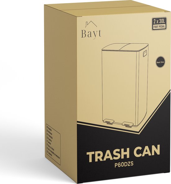 Bayt Poubelle - Poubelle 60 litres (2x30) - Poubelle 60 litres - Poubelle à pédale 60 litres - Poubelle Séparation des déchets - Poubelle 2 compartiments - Poubelle - inox - Noir/Argent