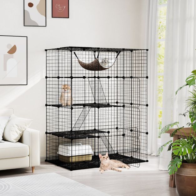 Cage à chat spacieuse à 4 étages de 143 cm de haut - Cage en métal noir avec hamac, étagères et échelles pour chats et petits animaux de compagnie