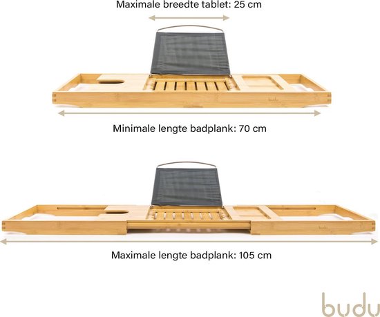 Budu Bath Board Bamboo - Planche de bain - Support de bain réglable - Planche de bain en bois - Support de bain - Planche de bain en bois - 70-105 cm