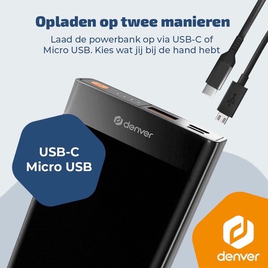 Batterie externe Denver - 10 000 mAh - Charge rapide 22,5 W - Indicateur LED - Kit d'urgence - PQC10008