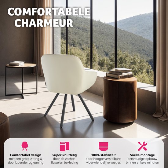 tectake - Chaise de salle à manger pivotante avec accoudoirs - Revêtement en velours - Rembourrée - Crème
