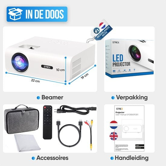 Strex Beamer - 1080P Full HD - 15000 Lumen - Streaming sans fil - Sacoche/écran de projection inclus - WiFi - Bluetooth - Mini Beamer - Projecteur
