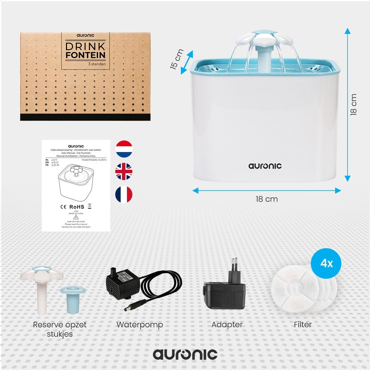 Auronic Drinking Fountain - Fontaine à eau pour chats et chiens - 2L - Abreuvoir pour animaux - 4 filtres inclus - Noir