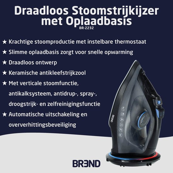 BREND BR-2232 Fer à vapeur sans fil avec base de chargement - Fonction vapeur verticale, anticalcaire et autonettoyante - Thermostat réglable - 200W