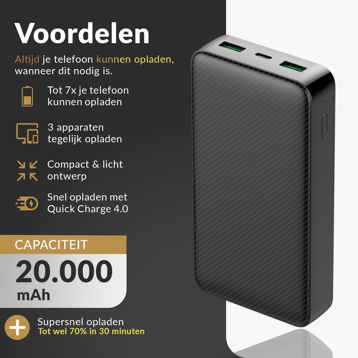 Surge Powerbank 20 000mAh - 22,5W Quick Charge 4.0 - Charge 3 appareils à la fois - Noir - 14,5 x 6,8 x 2,8 cm