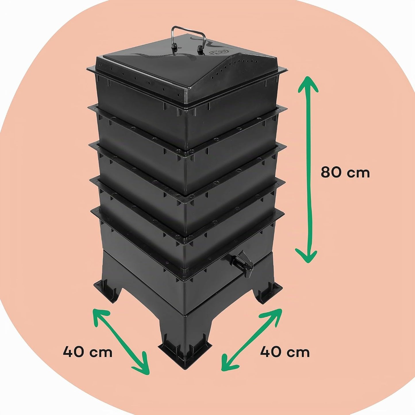 Composteur à vers Billiebin à 4 étages – Kit de démarrage avec vers de compost, bloc de fibre de coco et substrat – 40 x 40 x 80 cm – Vert