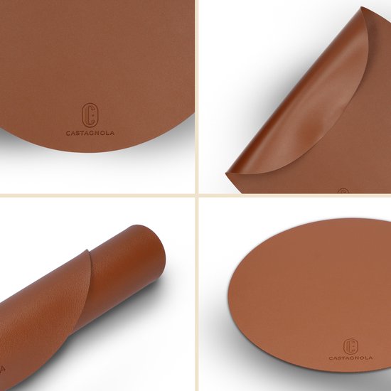 Sets de table Castagnola aspect cuir - Sets de table ronds - Sets de table antidérapants en cuir artificiel - Dessous de verre hydrofuge - Dessous de verre - 6 pièces - Diamètre 38 cm - Marron