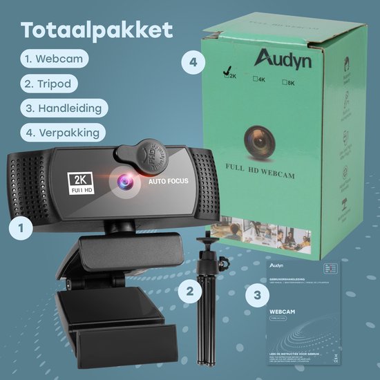Audyn Webcam - 5MP - 2K Full HD - avec microphone - pour PC - avec housse et support - Caméra de streaming - Webcams