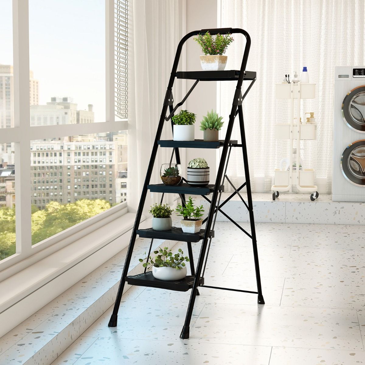 Échelle pliante Coast à 4 marches avec bac à outils - Multifonctionnelle pour la maison, la cuisine et le bureau - 88 x 45 x 148 cm - Noir