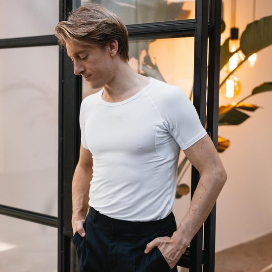 Anti Sweat Shirt - Fibershirts® - Coussinets d'aisselles cousus - Maillot de corps - Blanc - Col rond - Hommes - Taille XXL