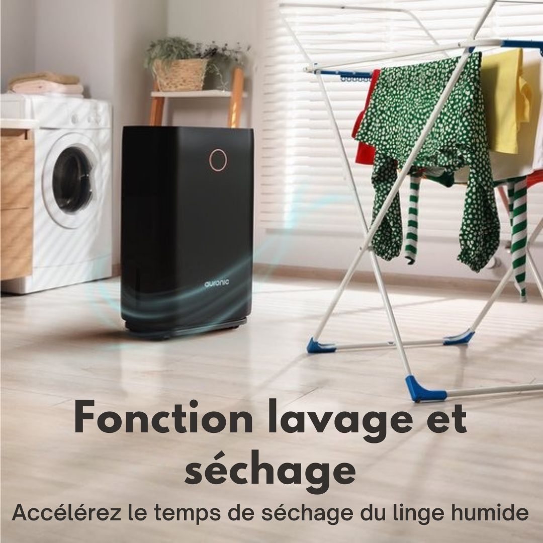 Déshumidificateur Auronic - Série compacte - 20L par jour - Fonction Lavage-Séchage - Chambre à coucher, salle de bain et salon - Élimination de l'humidité pour la maison - Noir