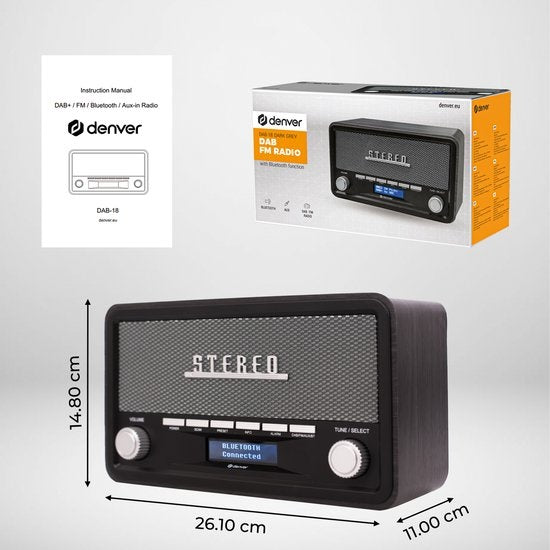 Denver DAB Radio - Model 2023 - Retro Radio - Bluetooth - DAB+/ FM - Dimmable - Batteries & secteur - DAB18 - Darkgrey
