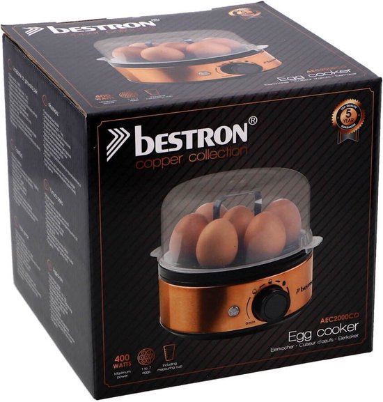 Cuiseur à œufs Bestron - AEC2000CO - 400 W - Pour 7 œufs - avec gobelet doseur et pic à œufs - Cuivre