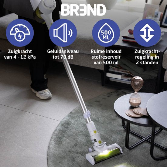 BREND BR-2214 Aspirateur à main sans fil avec éclairage LED - Le triple filtre ramasse 99,5 % de poussière fine - Blanc/vert