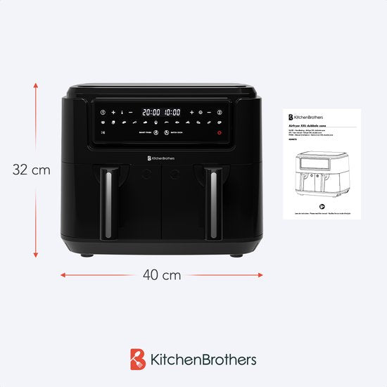 Airfryer XXL Double Zone - KitchenBrothers - 9L - 2400W - Friteuse à air chaud - 50ºC à 200ºC - 10 programmes de cuisson - Noir