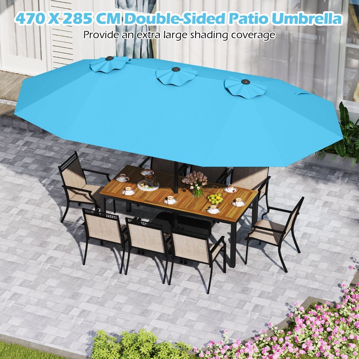 Parasol double Coast 470 x 285 x 261 cm - Turquoise - Socle lesté avec manivelle - 12 baleines robustes - Parasol rectangulaire de jardin et de terrasse