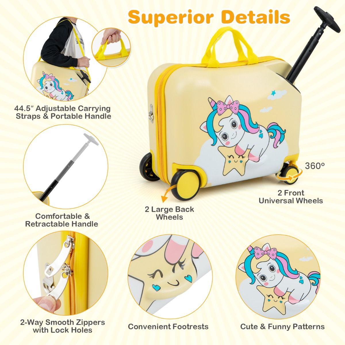 Ensemble valise et sac à dos pour enfants Coast - Valise à roulettes - Sac à dos avec un adorable motif d'abeilles - Jaune