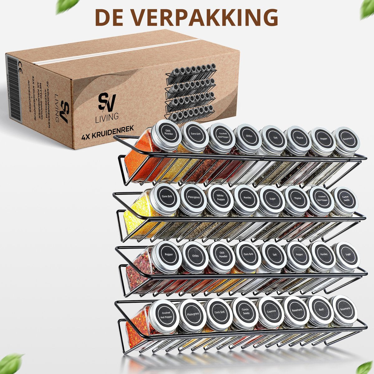 SV Living Support à épices noir 37,3x11,9x6 cm - 32 pots à épices en verre avec accessoires - à suspendre avec ou sans perceuse