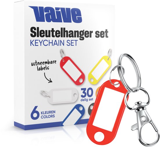 Vaive Étiquettes pour clés, lot de 30 – Porte-clés avec mousqueton, anneaux et étiquette nominative – Anneaux pour la gestion des clés – Anneau de 25 mm