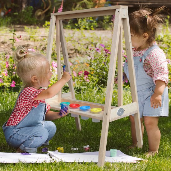 Chevalet AXI Eric en bois, couleur brun naturel - Table de peinture pour enfants, pour l'intérieur et l'extérieur, avec toile en plexiglas et 4 pots de peinture - 50 x 70 x 105 cm