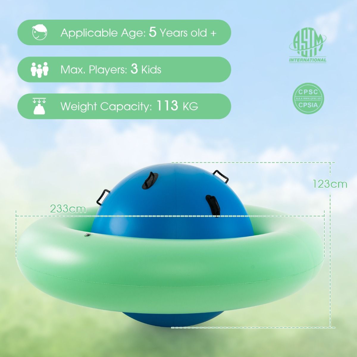 Balle gonflable Coast pour enfants - avec 6 poignées - utilisable à l'intérieur comme à l'extérieur - bleue et verte