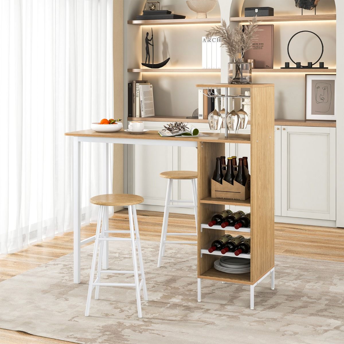 Table haute Coast avec 2 tabourets - Casier à vin pour 6 bouteilles - Table de bistrot pour le salon et la cuisine - 120 x 40 x 121,5 cm - Naturel