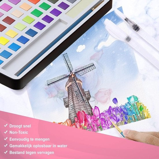 Rubye® Water colours - Aquarelles - Stylo pinceau - Pinceau - Peintures - Aquarelles adultes - Aquarelles enfants - Peinture par numéro - 48 couleurs