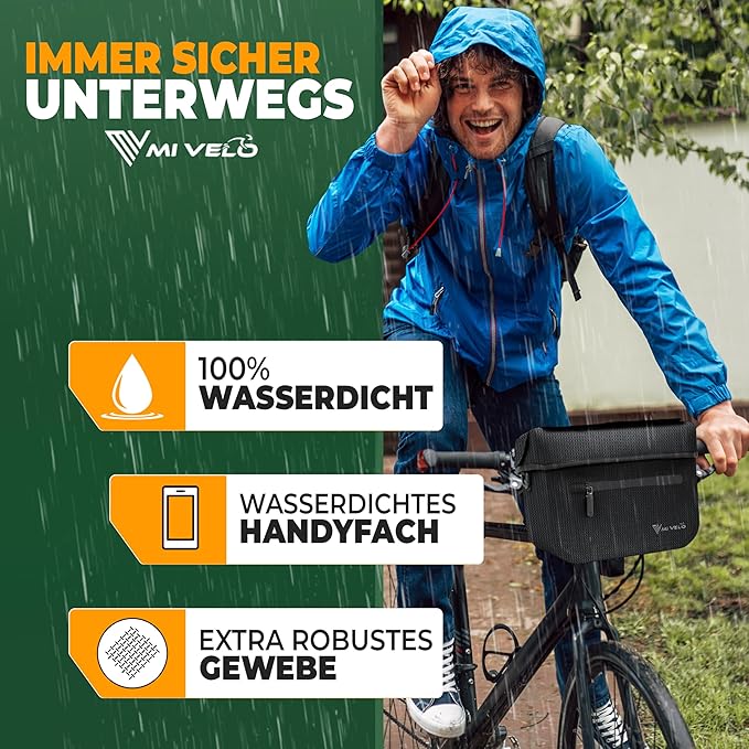 MIVELO Handlebar bag - 100% Waterproof & With Phone Pocket - 7 litres - Black Reflective
