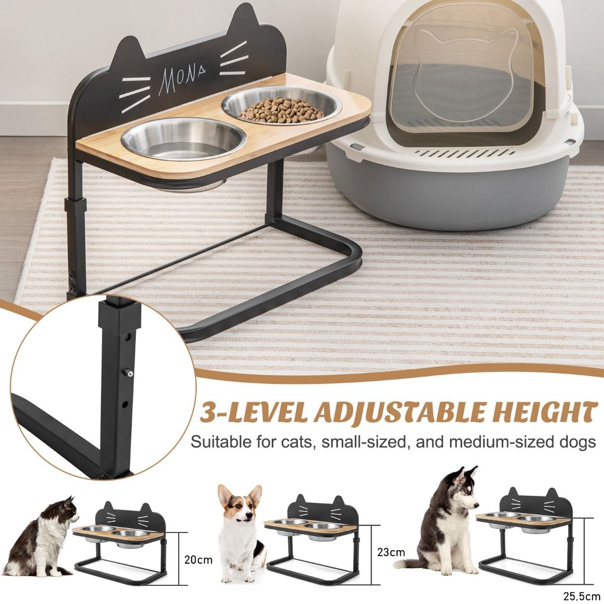 Station d'alimentation surélevée Coast pour chats et chiens - 43 x 22 x 33-38.5 cm - Noir et naturel - Hauteur réglable avec 2 bols en acier inoxydable