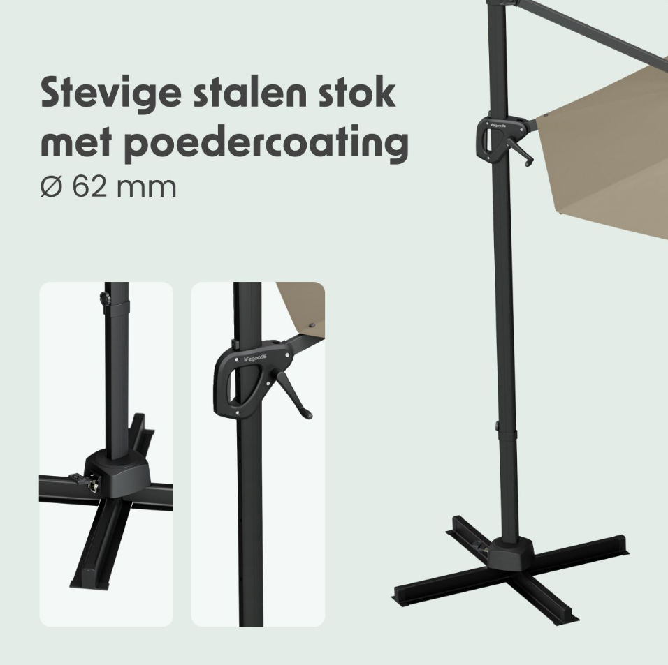 LifeGoods Parasol flottant Ø300 cm - Rotation 360° - 6 pieds - Housse incluse - Taupe