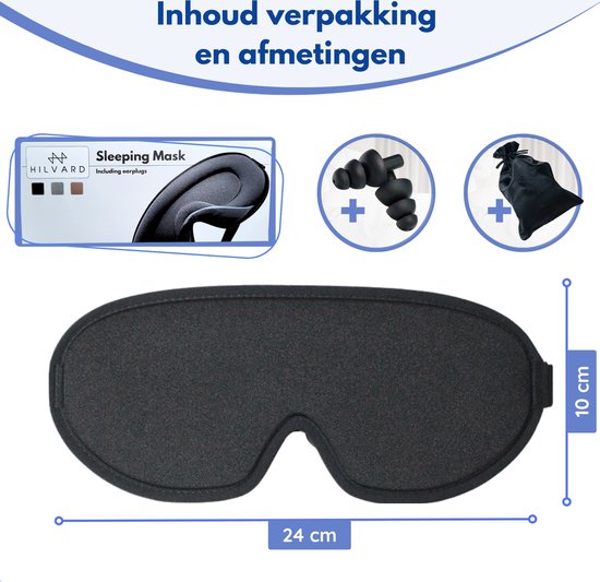 Hilvard - Masque de sommeil - Masque oculaire - Bouchons d'oreille inclus - 100% obscurcissant - Ajustable - Ergonomique - Noir