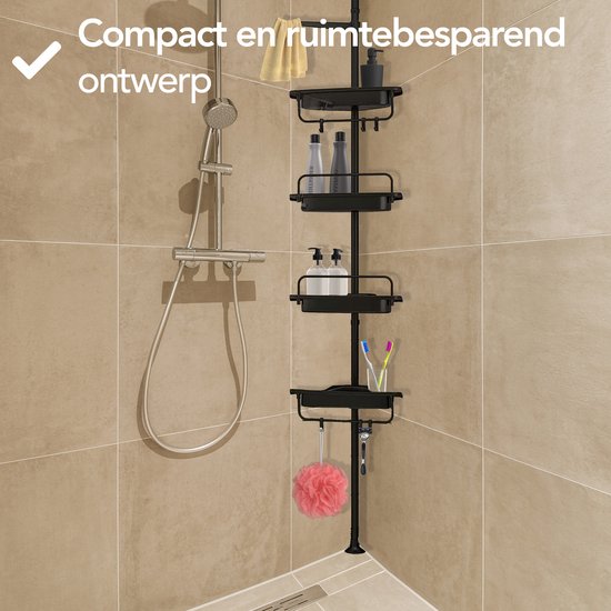 Brixy Support de douche - télescopique - 85-305 cm - sans perçage - du sol au plafond - 4 étagères - 3 crochets - noir