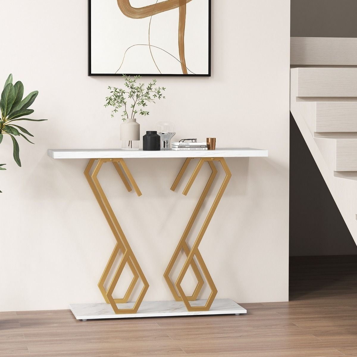 Table d'appoint Coast - aspect marbre - 100 x 30 x 79 cm - blanc/or