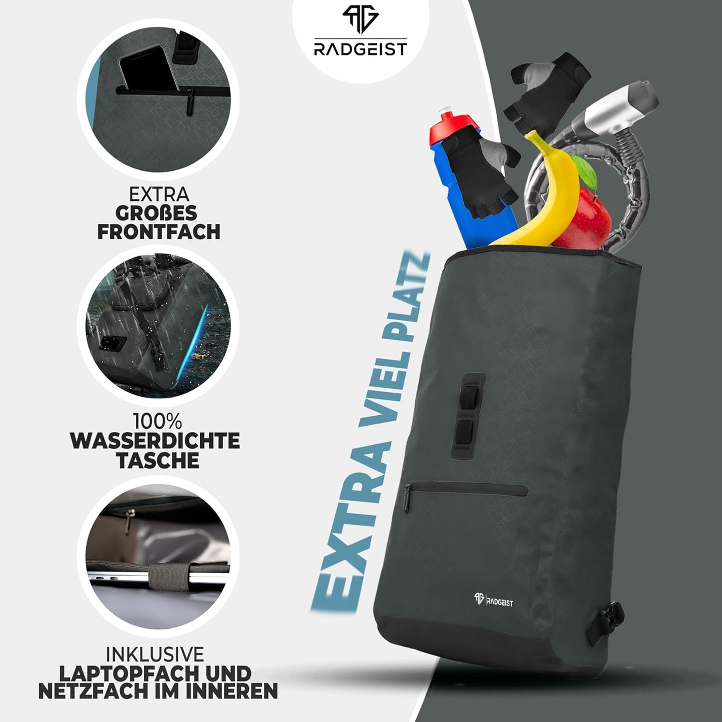 RADGEIST sac à vélo pour porte-bagages I sac à vélo et sac à dos I sac à vélo pour femmes et hommes I sac à bandoulière et sac à vélo 20L anthracite