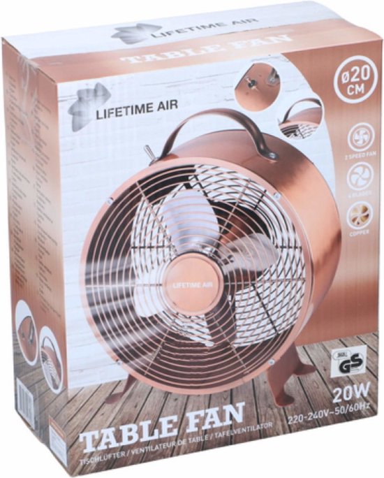 Ventilateur de table - Lifetime Air - 230V - Ventilateur de bureau 20CM - 2 vitesses - Matériau durable - Cuivre