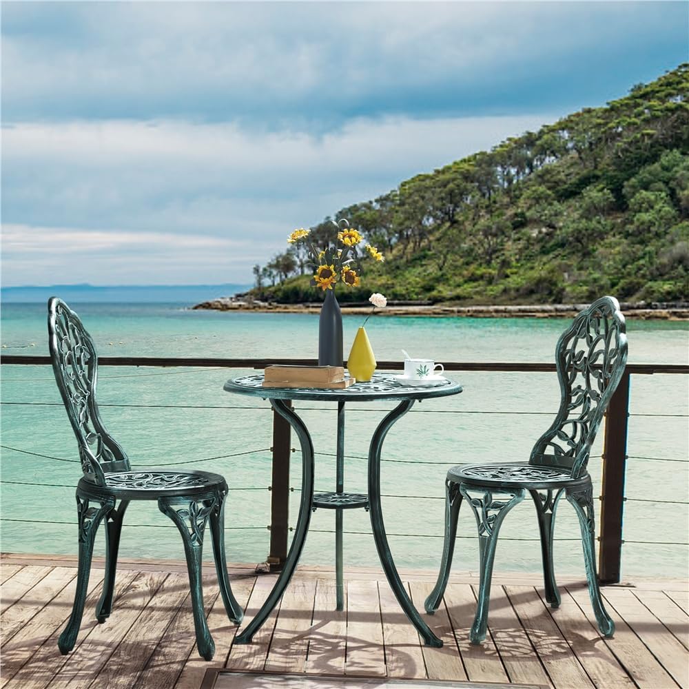 Ensemble de bistrot Yaheetech 3 pièces – Vert – Ensemble de jardin en métal comprenant 2 chaises et une table