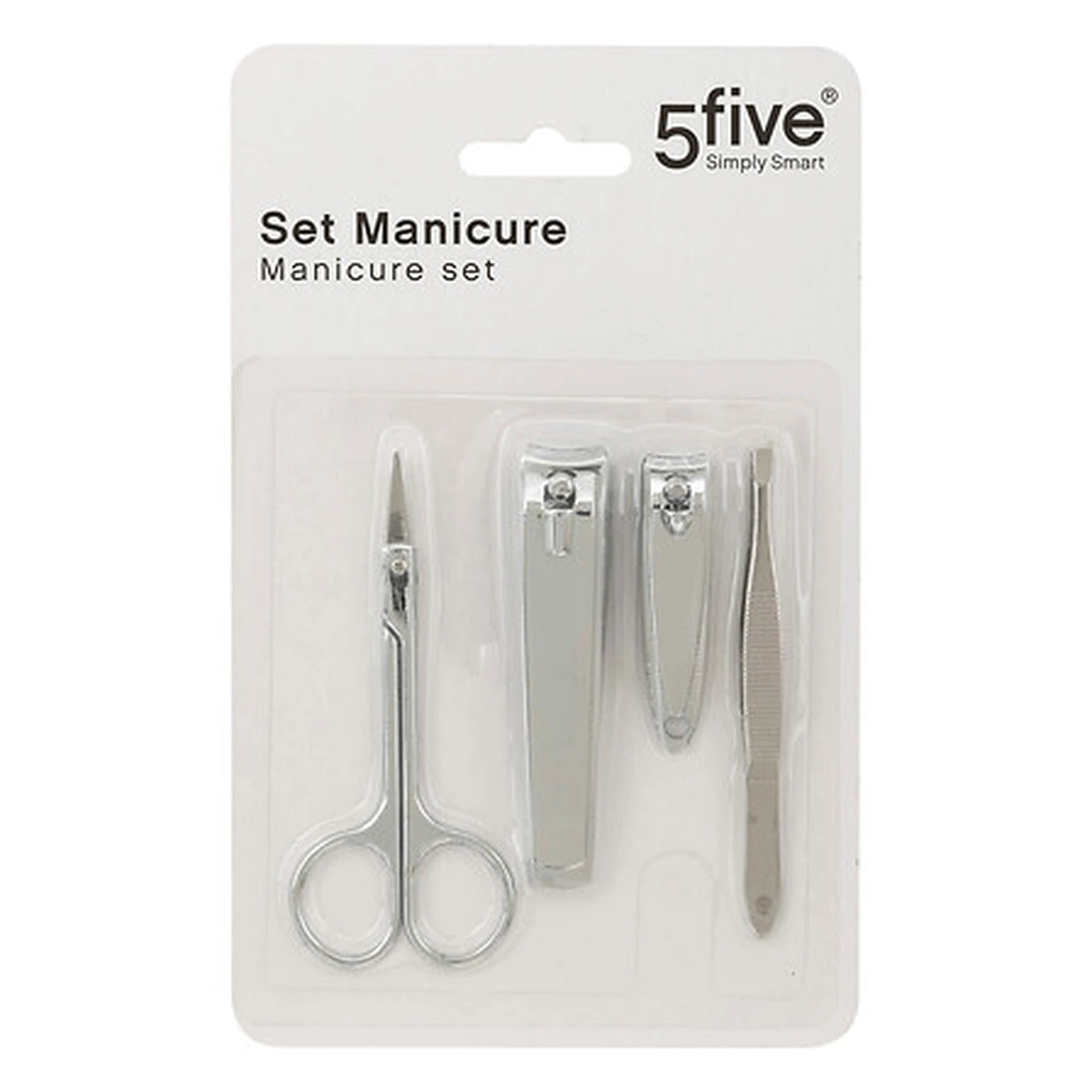 Kit de manucure 5Five Bodybeauty - 4 pièces - Argent - Coupe-ongles, coupe-ongles pour les orteils, petits ciseaux et pince à épiler - 18 x 11 x 2 cm
