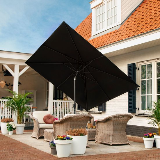 VONROC Premium Parasol à manche Rosolina 280x280cm - Housse de protection incluse - Parasol carré - Inclinable - Toile résistante aux UV - Noir