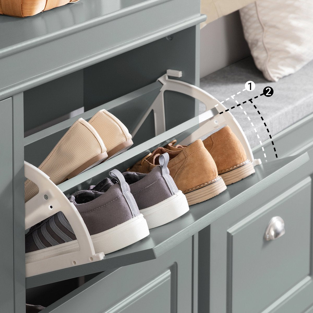 SoBuy FSR79-HG Meuble à chaussures avec 4 abattants - Meuble à chaussures avec 8 étagères - Meuble à chaussures peu encombrant pour couloir - MDF gris - 105x83x24cm