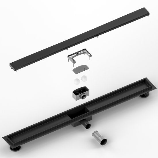 Caniveau de douche - 90 cm - Noir mat - Grille en carrelage - Acier inoxydable - Avec bride