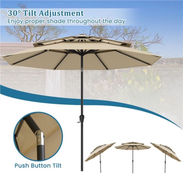 Parasol de terrasse Coast 300 x 300 x 245 cm - Toit à 3 niveaux - Inclinable - Manivelle - Beige/Marron/Gris