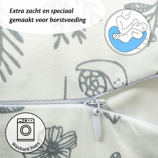 Ella Voedingskussen met hoes van 100% katoen - Zwangerschapskussen - Inclusief afneembare en wasbare hoes - Wit met plantjes