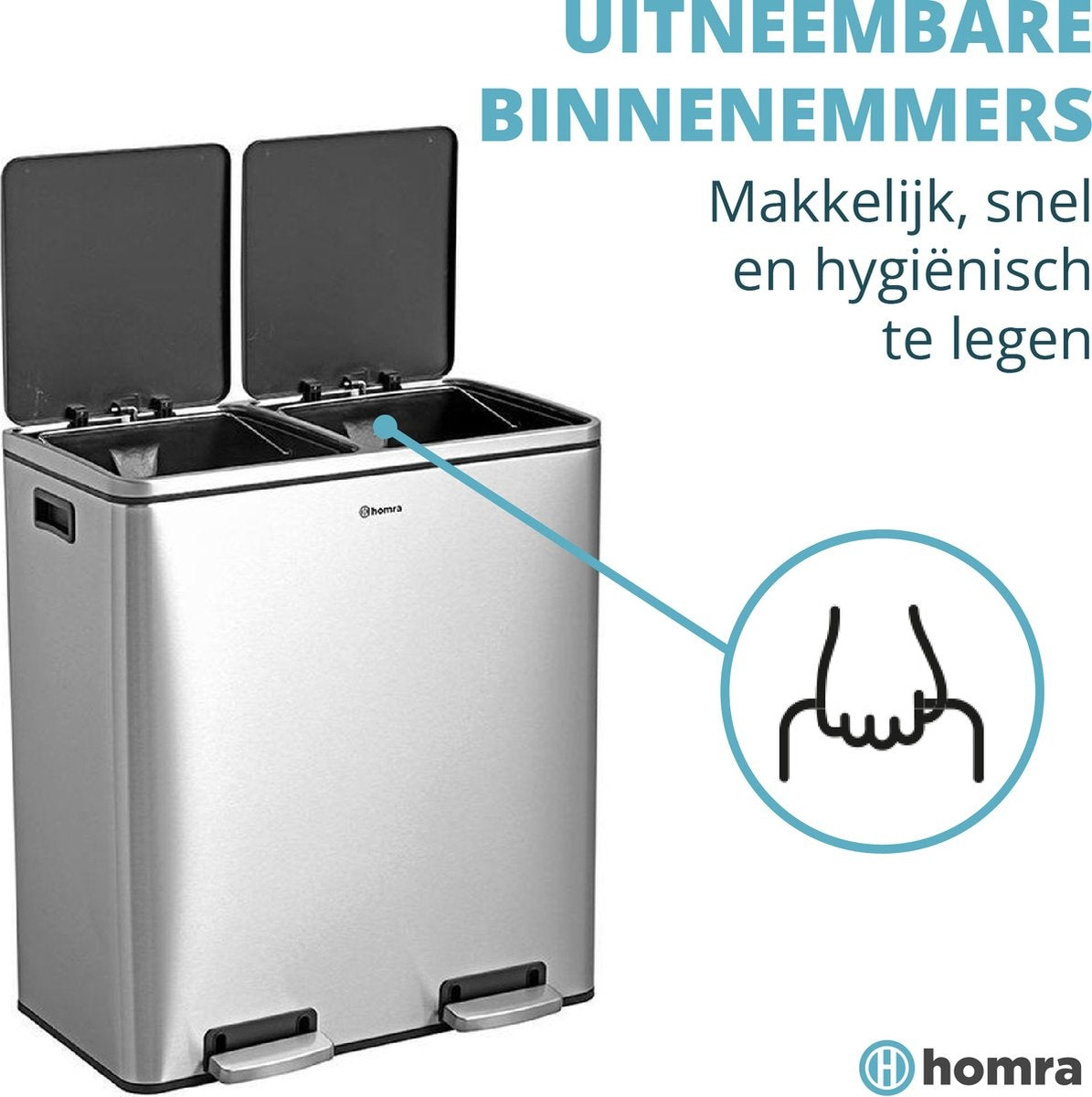 Homra QUICKX Duo - Poubelle - Séparation des déchets - 2 compartiments - acier inoxydable - 60 litres (2x30 L)