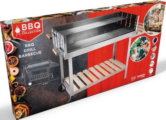 Barbecue au charbon de bois avec table - BBQ collection - Réglable en hauteur - 98 x 56 x 85 cm - noir/bois