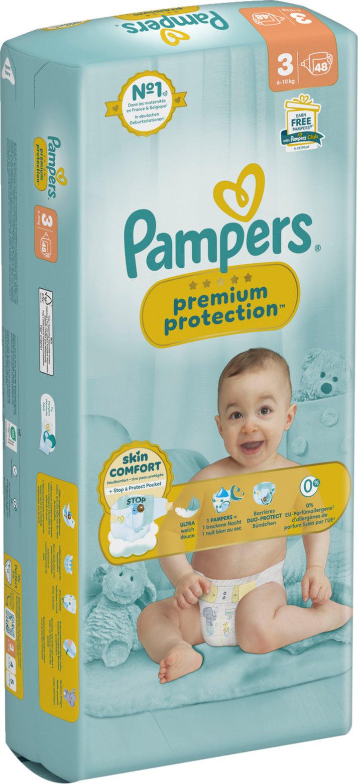 Pampers Premium Protection - Couches Taille 3 - 48 pièces - Pour les bébés de 6 à 10 kg - Ultra douces, respectueuses de la peau et à double protection