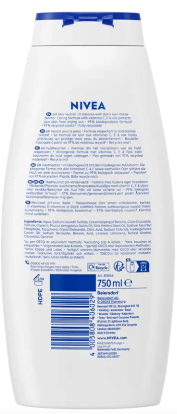 NIVEA Creme Soft Shower Cream 750 ml - Hydratant, huile d'amande, pour une peau douce, flacon transparent