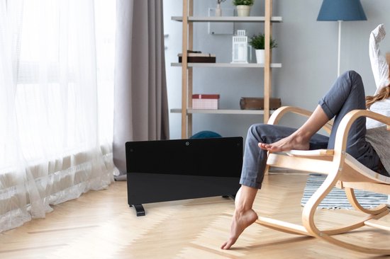 Dutch Originals - Convecteur - 2000 W - Noir - Minuterie réglable - 2 niveaux de chaleur - Verre trempé - 42,5 x 24 x 77 cm