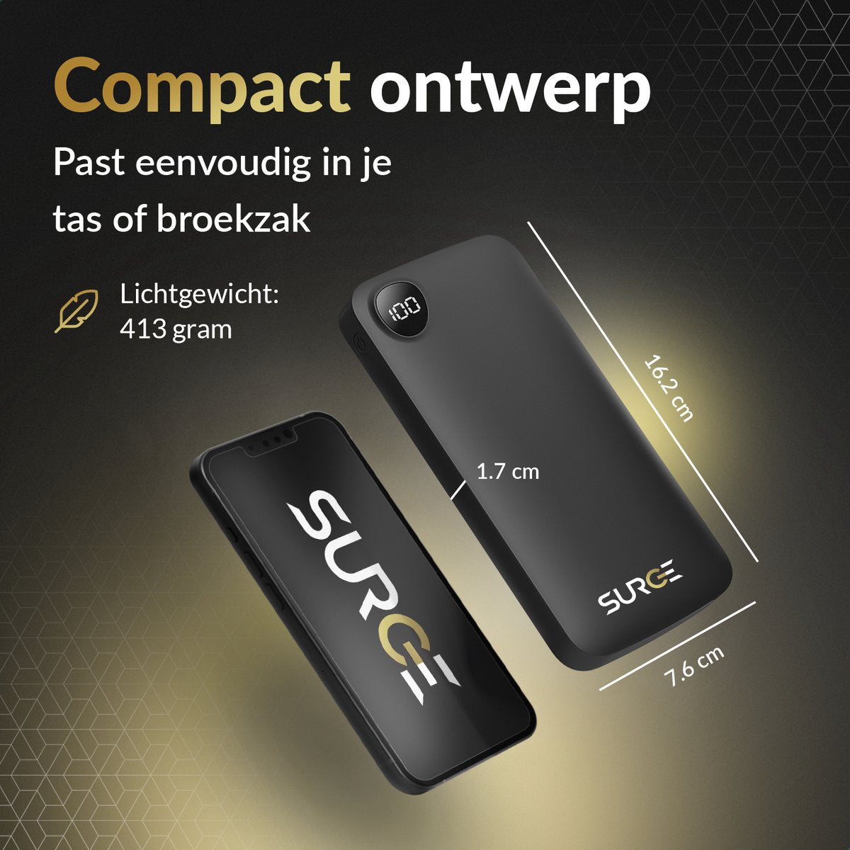 Surge Powerbank 20 000mAh - Chargeur rapide 22,5W - 2x USB-C & 1x USB-A - Affichage LED - Noir - 14,5 x 6,8 x 2,9 cm
