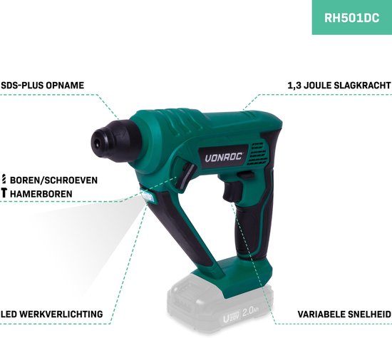 VONROC Marteau perforateur sans fil - VPower 20V - Sans batterie ni chargeur - 1.3 Joule - SDS-plus - Accessoires inclus