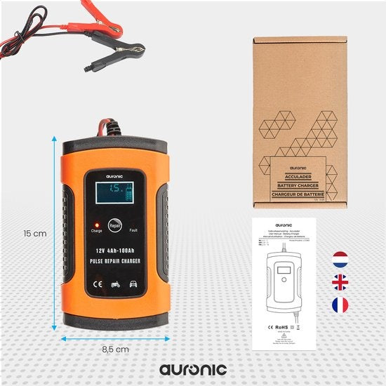 Chargeur de batterie - Auronic - Chargeur de secours - pour voiture et moto - 12V - jusqu'à 100Ah - Orange